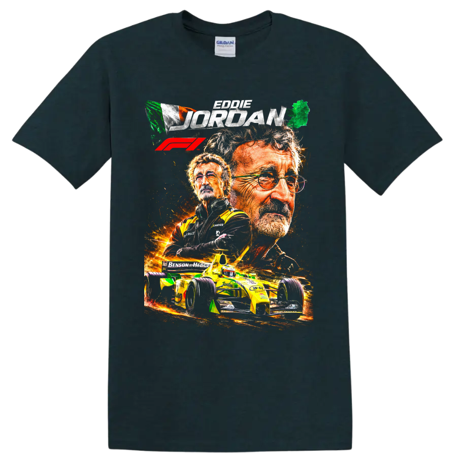 Eddie Jordan portrait collage with Irish flag, fiery Jordan Grand Prix race car, and F1 on a Midnight (Green) T Shirt