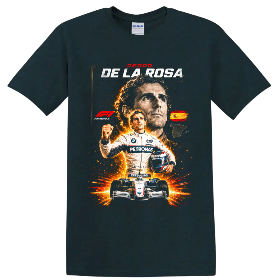 Pedro de la Rosa Formula 1 racing collage with BMW Sauber car, helmet, and fiery sparks on a Midnight (Green) T Shirt