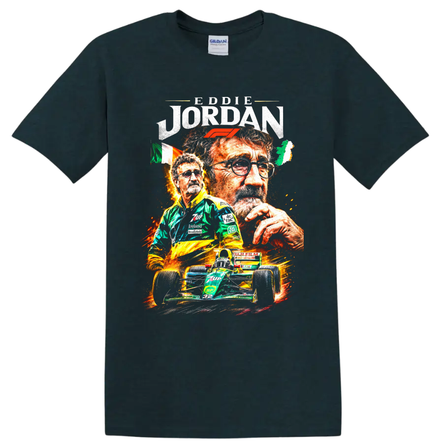 Eddie Jordan portraits with Formula 1 logo, Irish flag, and green number 32 race car on a Midnight (Green) T Shirt