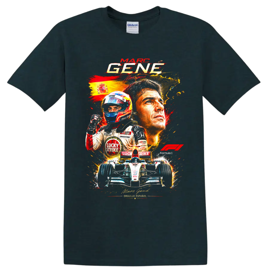Marc Gene Formula 1 driver collage with Spanish flag, helmeted racer, and open-wheel car on a Midnight (Green) T Shirt