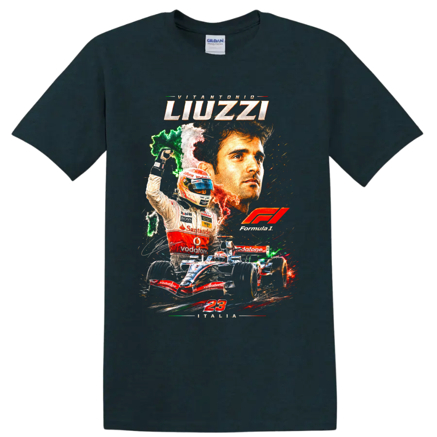 Vitantonio Liuzzi Formula 1 racing collage with Italy colors, number 23, and open-wheel on a Midnight (Green) T Shirt
