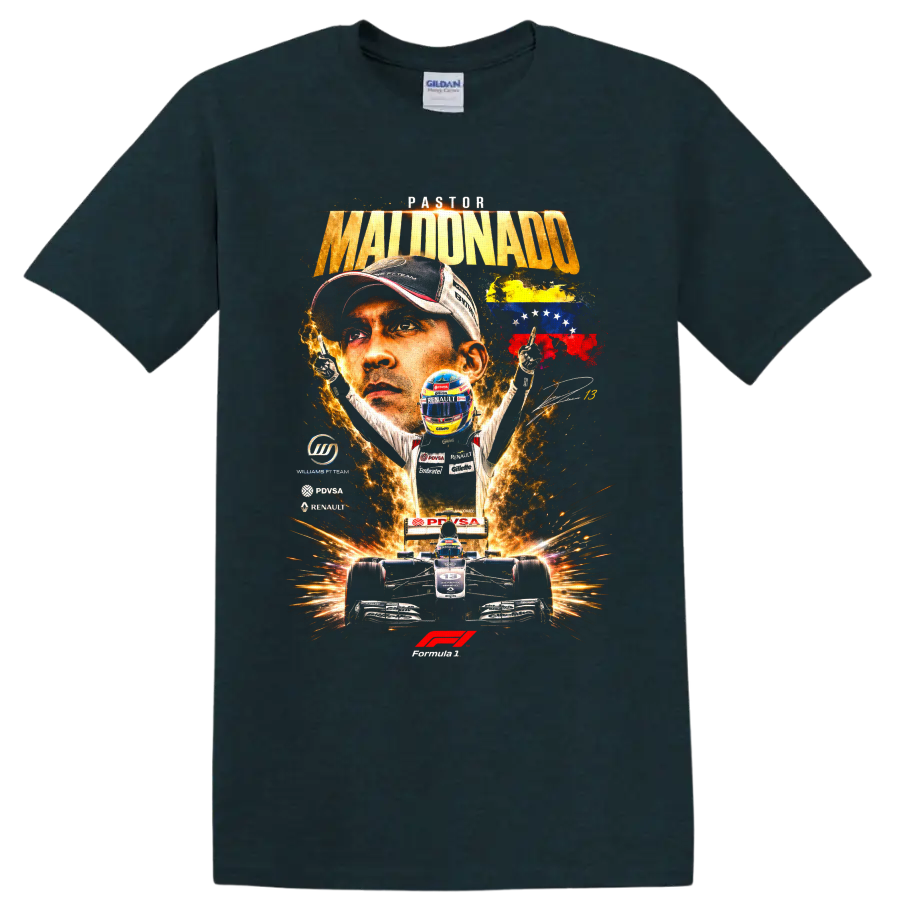 Pastor Maldonado Formula 1 portrait with Williams Renault car and Venezuelan flag artwork on a Midnight (Green) T Shirt