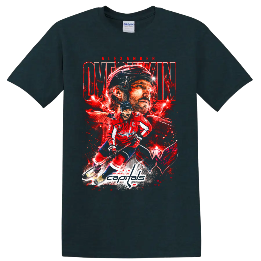Alexander Ovechkin Washington Capitals red lightning hockey collage graphic on a Midnight (Green) T Shirt