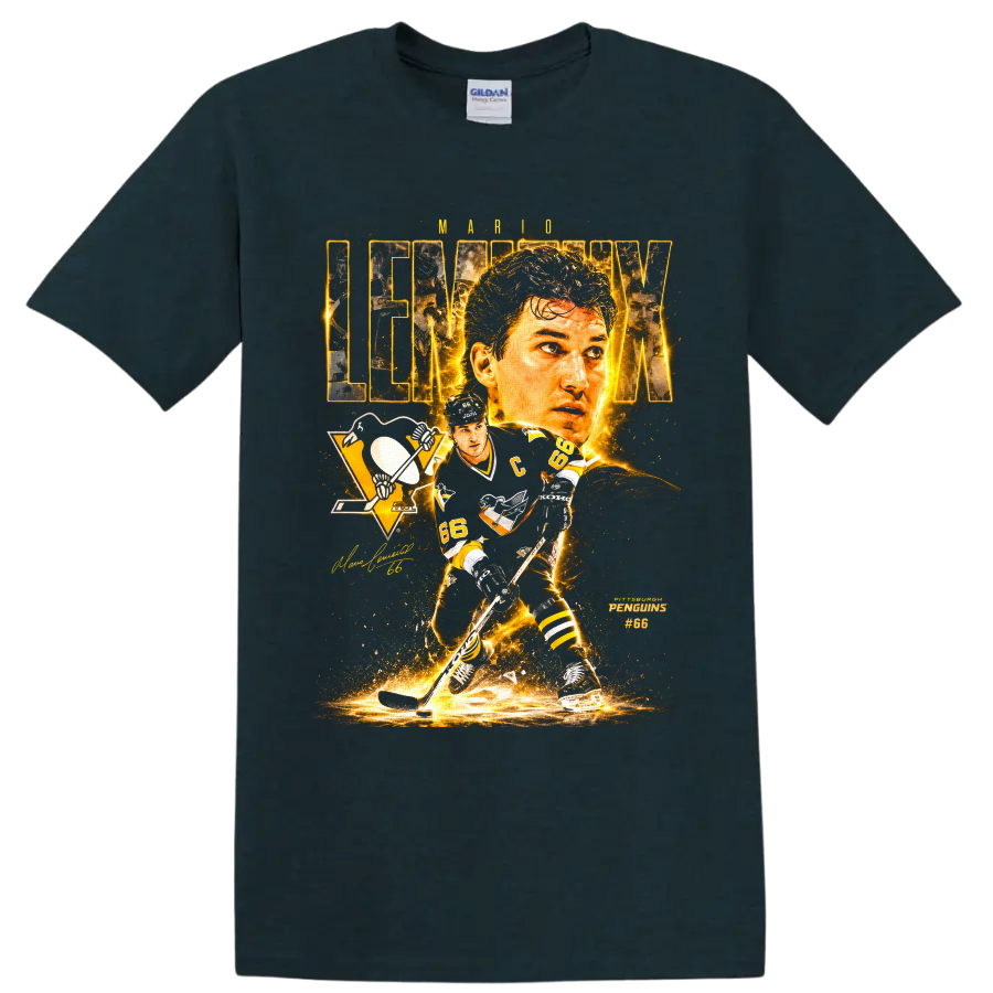 Mario Lemieux Pittsburgh Penguins No. 66 gold hockey collage graphic on a Midnight (Green) T Shirt