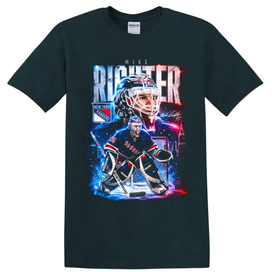 Mike Richter New York Rangers goalie collage with bold city skyline and hockey graphics on a Midnight (Green) T Shirt