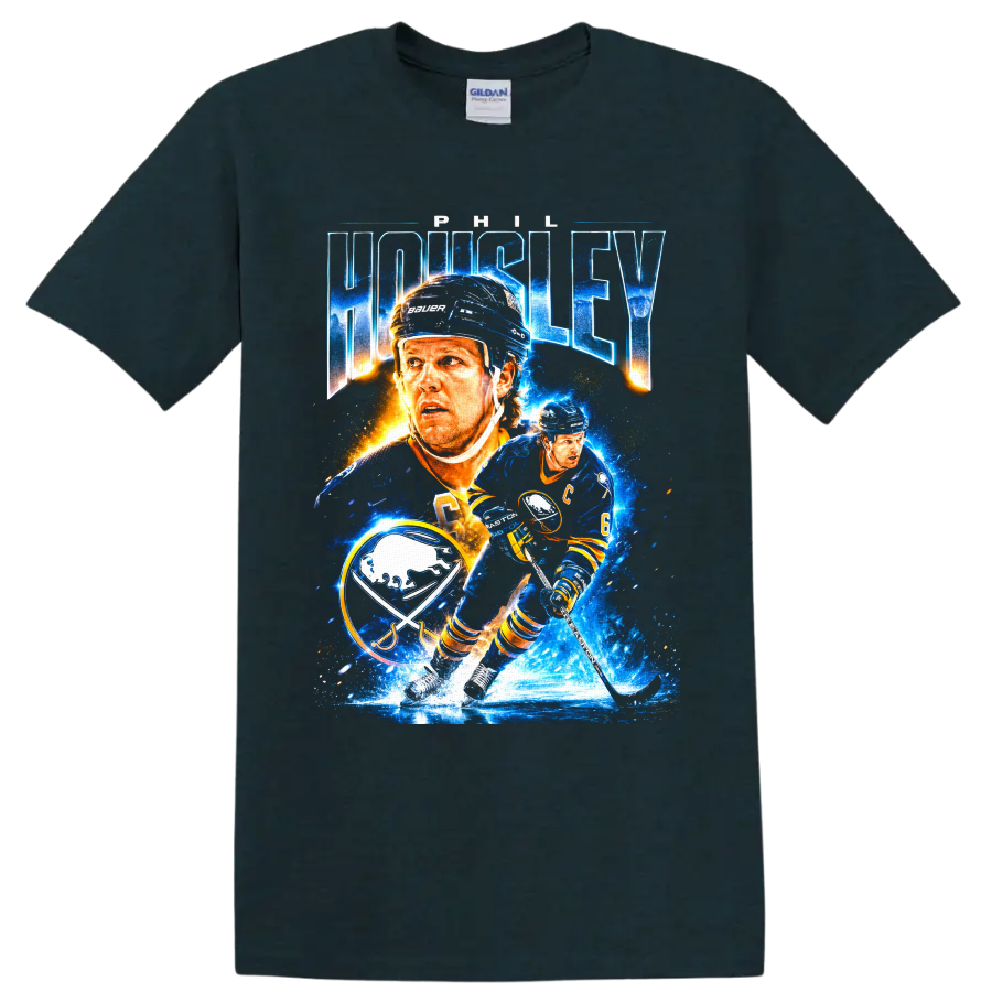 Phil Housley Buffalo Sabres hockey collage with bold name text and number 6 on a Midnight (Green) T Shirt