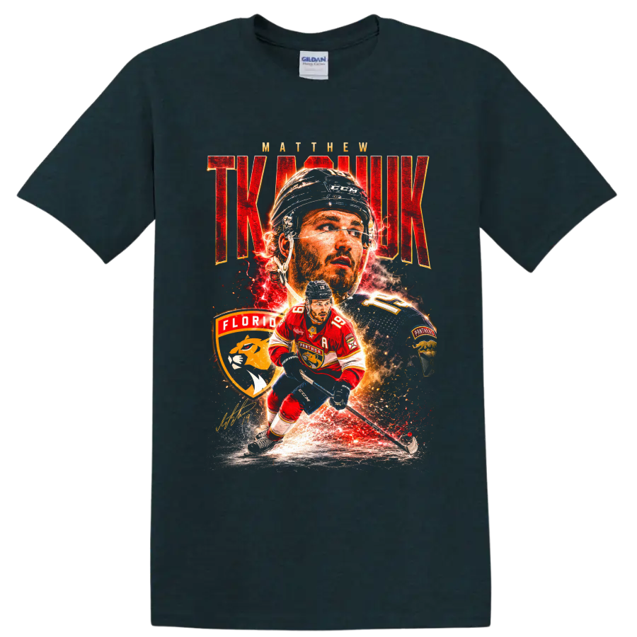 Matthew Tkachuk Florida Panthers hockey collage with bold red lettering and fiery effects on a Midnight (Green) T Shirt