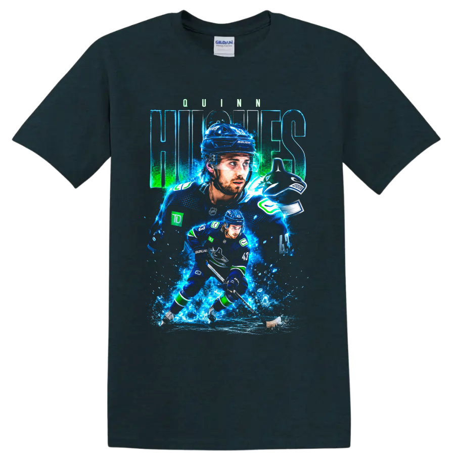 Quinn Hughes Vancouver Canucks hockey player collage with electric blue ice effects on a Midnight (Green) T Shirt