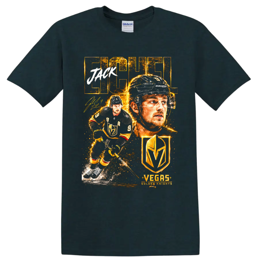 Jack Eichel Vegas Golden Knights fiery gold hockey portrait and action graphic on a Midnight (Green) T Shirt