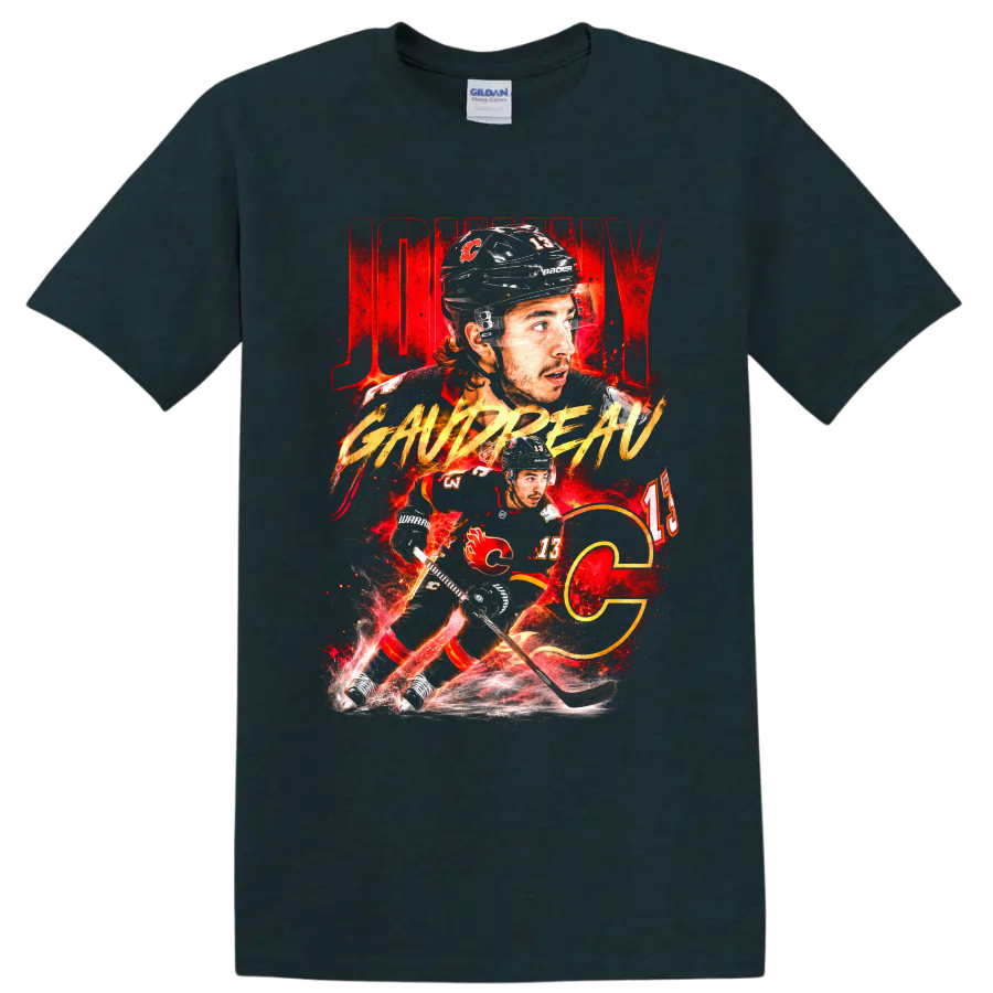 Johnny Gaudreau Calgary Flames hockey player portrait and skating action graphic on a Midnight (Green) T Shirt