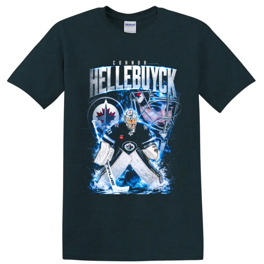 Connor Hellebuyck Winnipeg Jets goaltender blue ice collage graphic on a Midnight (Green) T Shirt