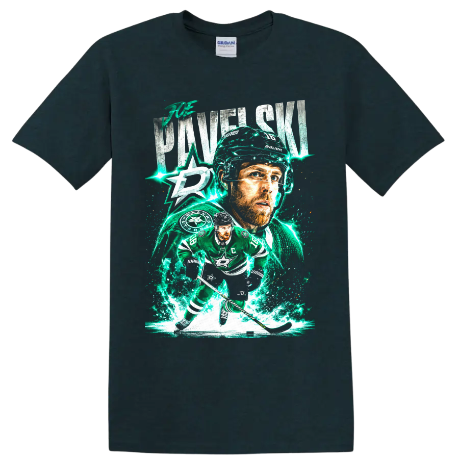 Joe Pavelski Dallas Stars hockey portrait and skating graphic with electric ice effects on a Midnight (Green) T Shirt