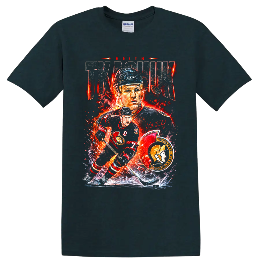 Keith Tkachuk Ottawa Senators hockey portrait and fiery action collage with number 7 on a Midnight (Green) T Shirt
