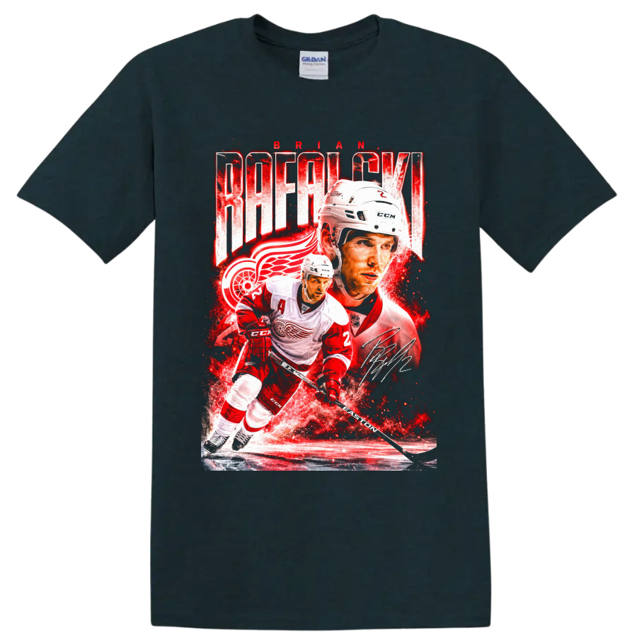 Brian Rafalski Detroit Red Wings action collage with BRIAN RAFALSKI text and signature on a Midnight (Green) T Shirt