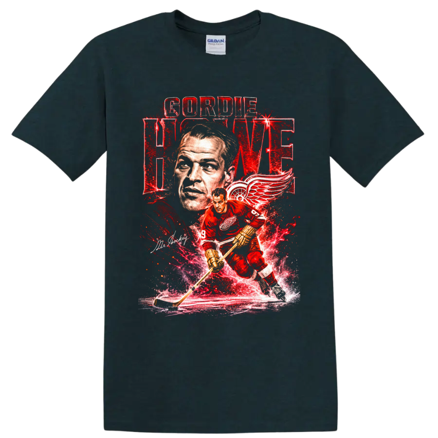Gordie Howe Detroit Red Wings vintage hockey portrait and action graphic with Mr Hockey on a Midnight (Green) T Shirt