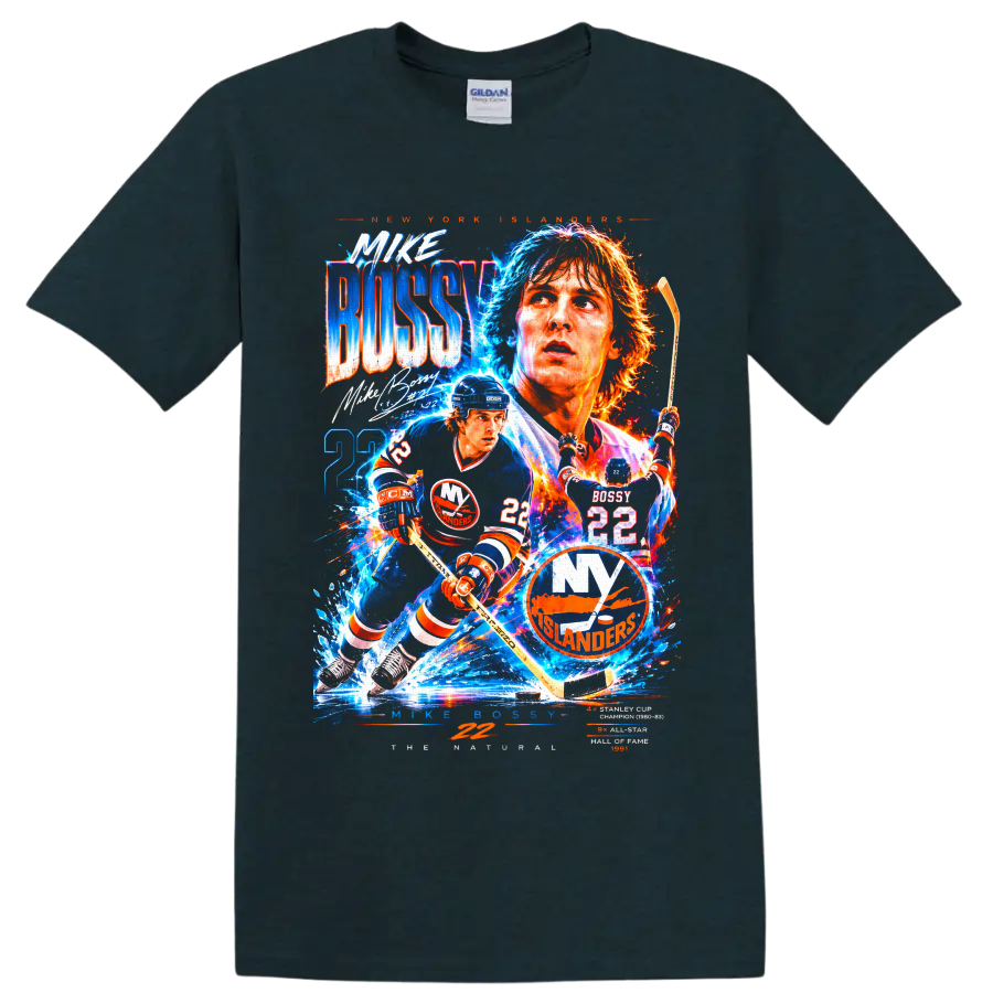 Mike Bossy New York Islanders electric hockey collage with number 22 on a Midnight (Green) T Shirt