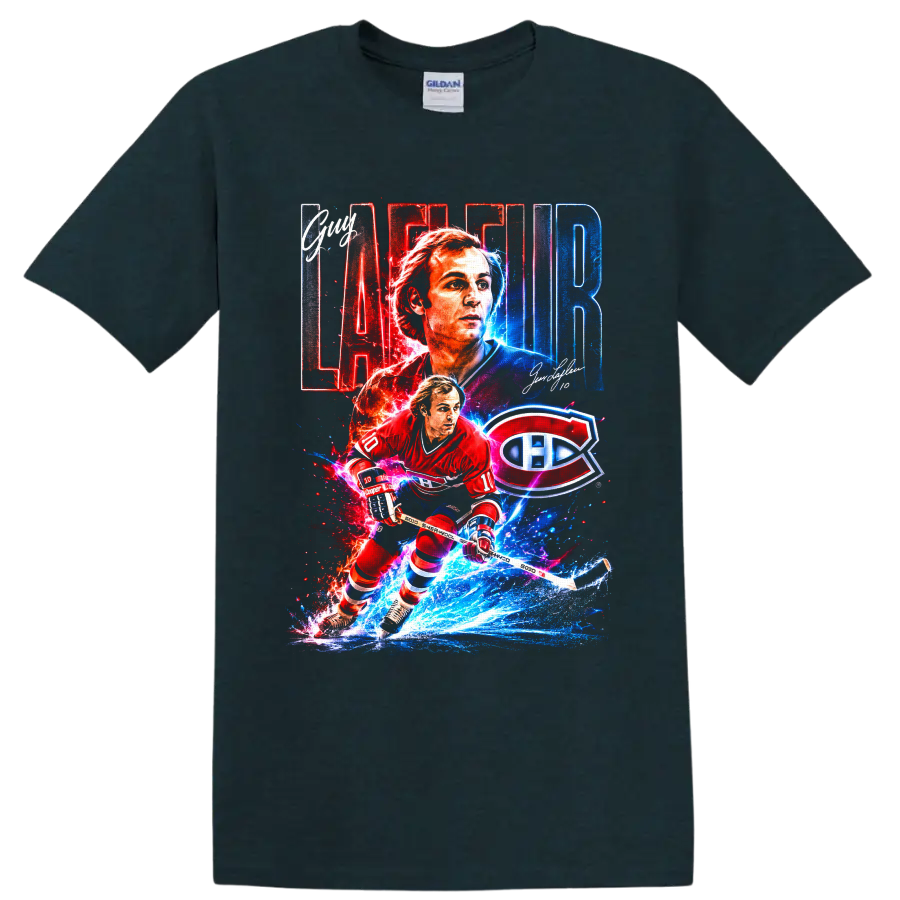 Guy Lafleur Montreal Canadiens hockey collage with number 10 and team logo on a Midnight (Green) T Shirt