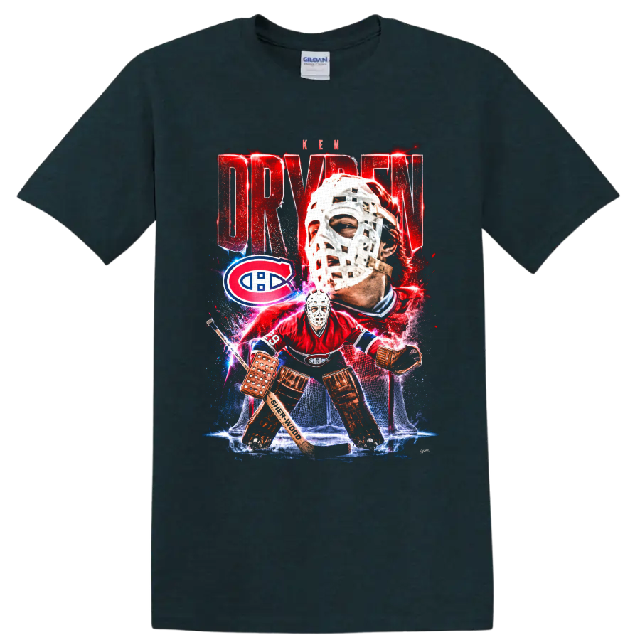Ken Dryden Montreal Canadiens goalie collage with mask, net, and bold red lettering on a Midnight (Green) T Shirt