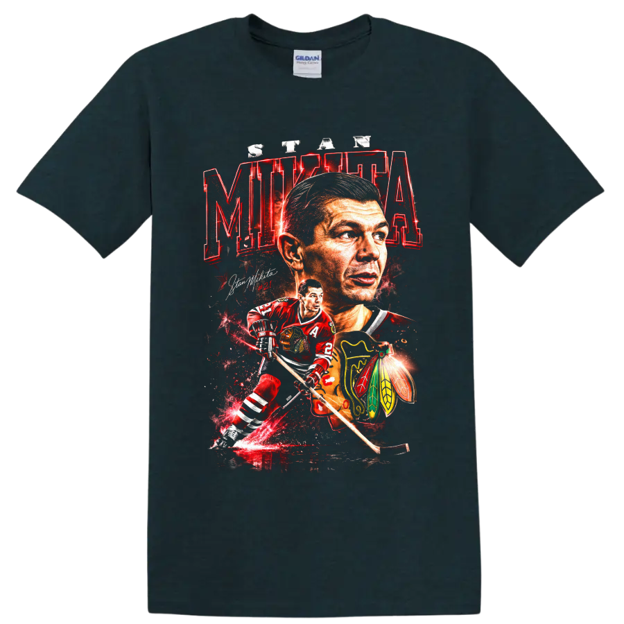Stan Mikita #21 Chicago Blackhawks hockey portrait and action graphic print on a Midnight (Green) T Shirt
