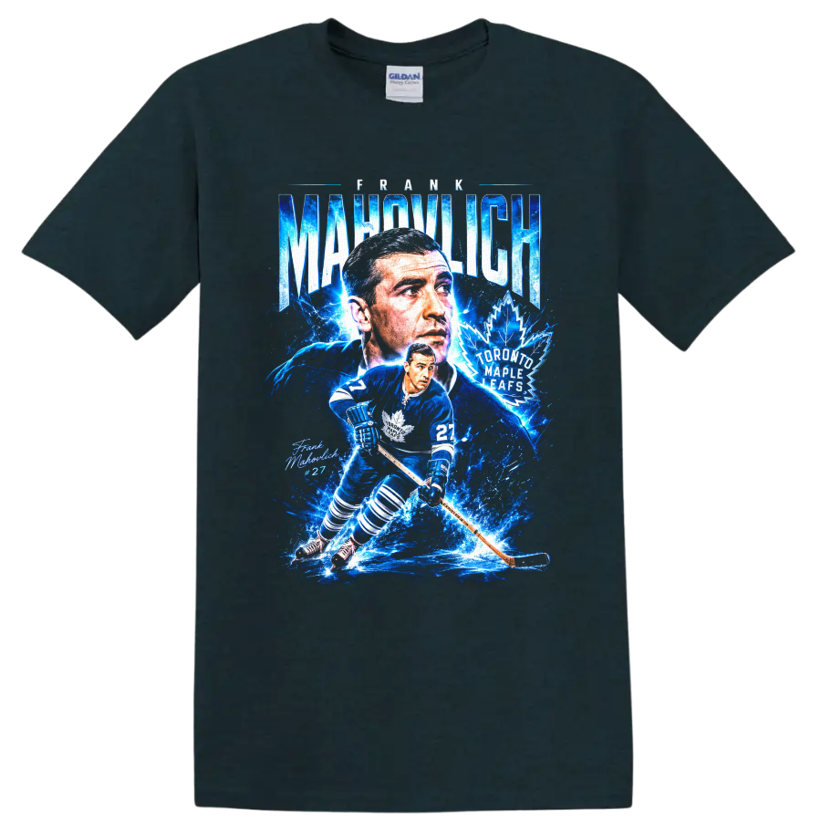 Frank Mahovlich Toronto Maple Leafs number 27 electric blue hockey collage graphic on a Midnight (Green) T Shirt