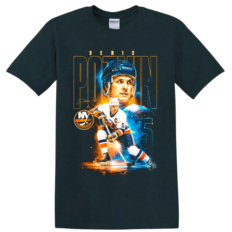 Denis Potvin New York Islanders number 5 hockey portrait and skating graphic print on a Midnight (Green) T Shirt