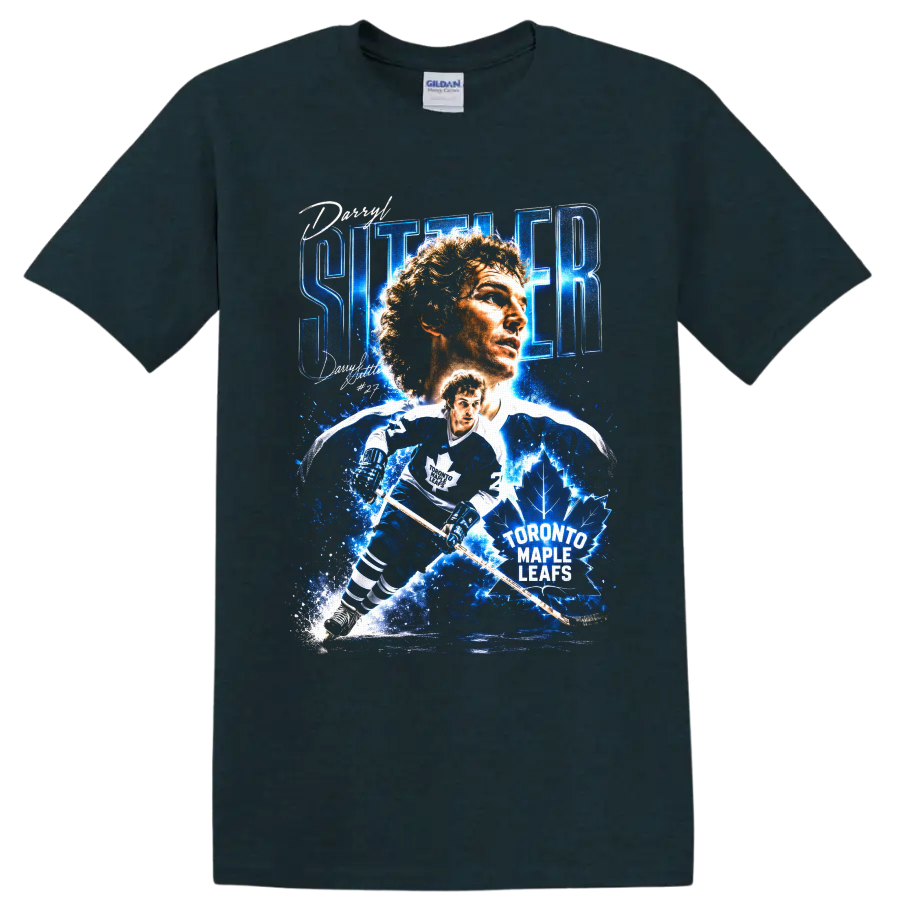 Darryl Sittler Toronto Maple Leafs hockey portrait and action graphic with number 27 on a Midnight (Green) T Shirt