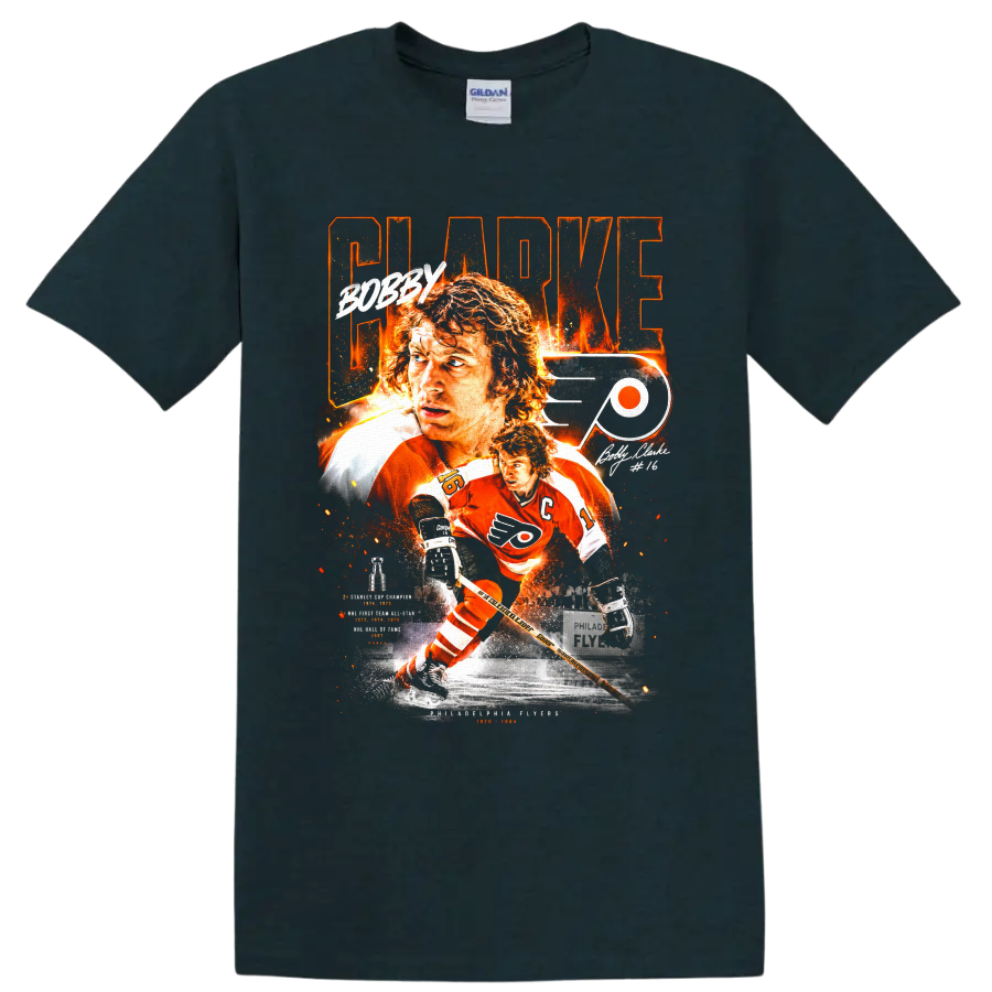 Bobby Clarke Philadelphia Flyers No. 16 vintage hockey tribute graphic on a Midnight (Green) T Shirt