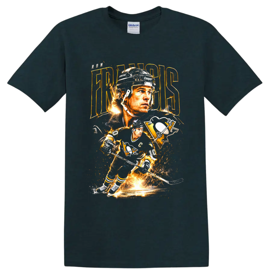 Ron Francis Pittsburgh Penguins hockey portrait and action graphic with gold lightning on a Midnight (Green) T Shirt