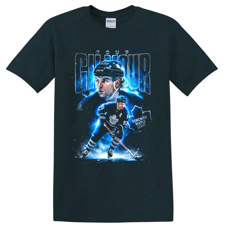 Doug Gilmour Toronto Maple Leafs hockey collage with electric blue action art on a Midnight (Green) T Shirt