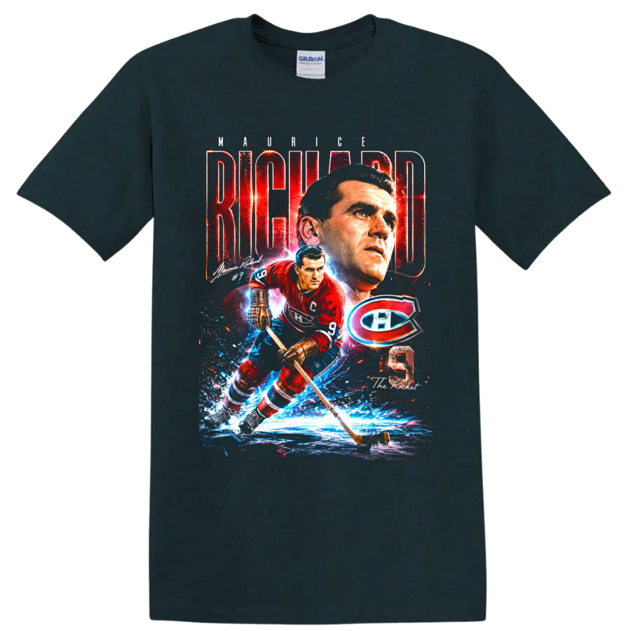 Maurice Richard No. 9 Montreal Canadiens hockey action tribute graphic on a Midnight (Green) T Shirt