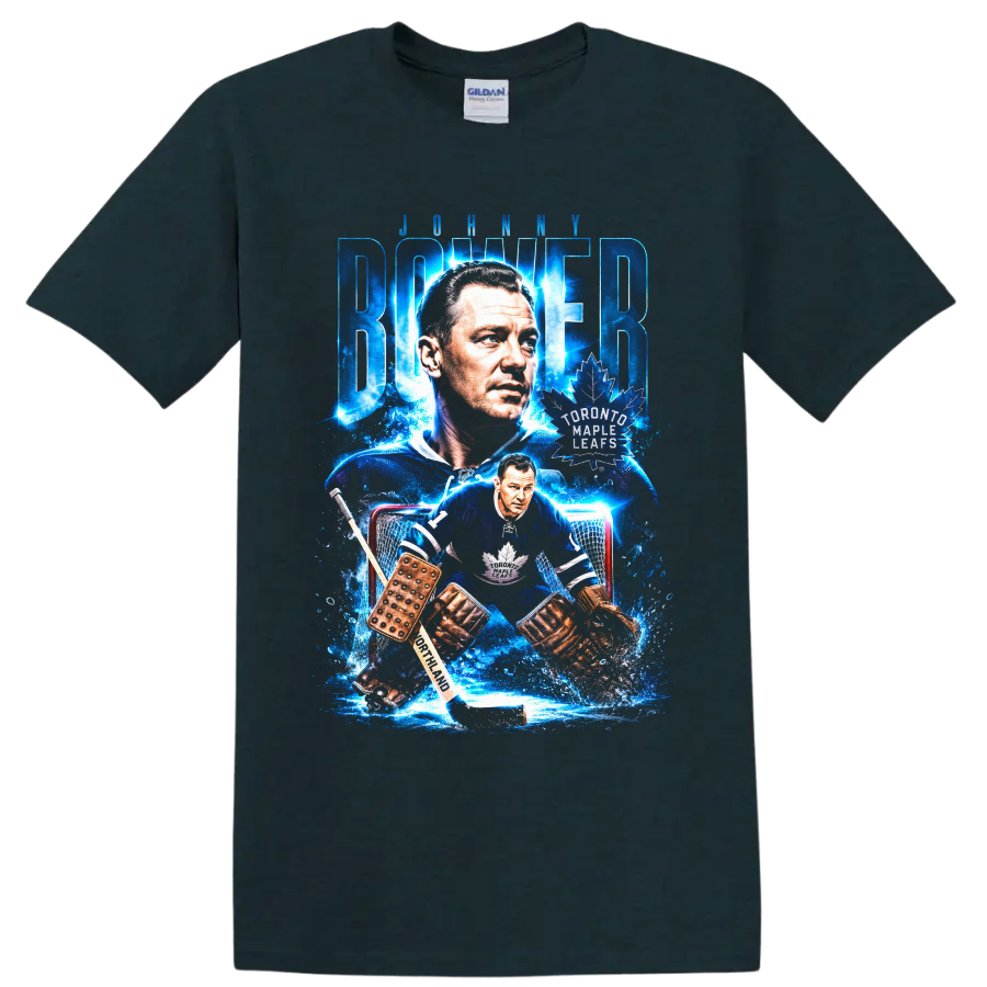 Johnny Bower Toronto Maple Leafs goalie portrait and vintage hockey action graphic on a Midnight (Green) T Shirt