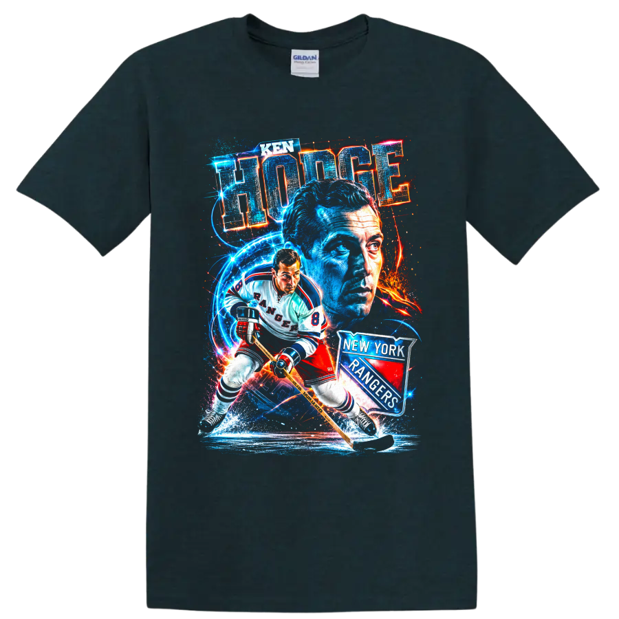 Ken Hodge New York Rangers number 8 hockey action and portrait graphic on a Midnight (Green) T Shirt
