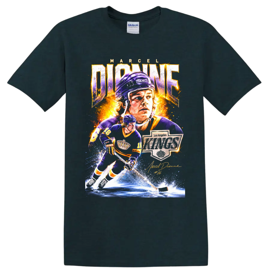 Marcel Dionne Los Angeles Kings hockey collage with number 16 and signature on a Midnight (Green) T Shirt