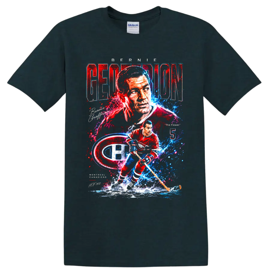 Bernie Geoffrion Montreal Canadiens retro portrait and No. 5 hockey action graphic on a Midnight (Green) T Shirt