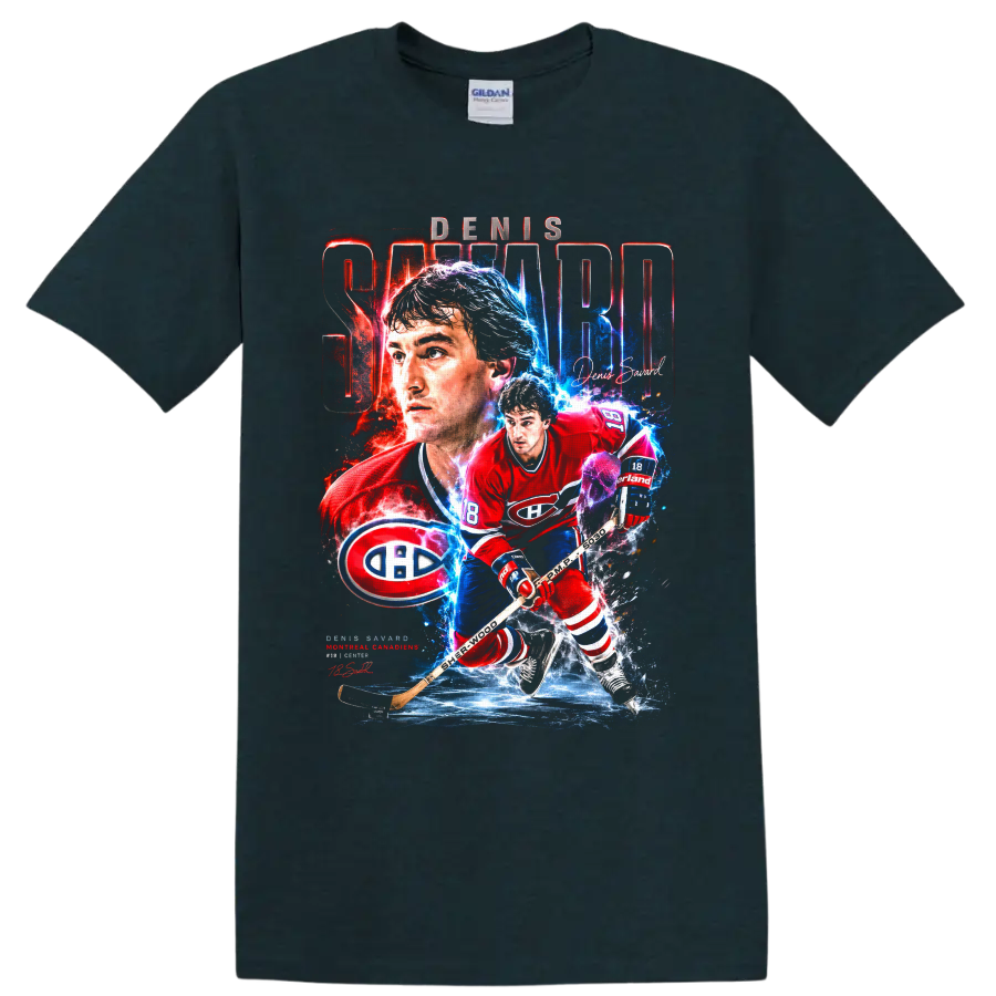 Denis Savard Montreal Canadiens hockey collage graphic with bold name lettering on a Midnight (Green) T Shirt