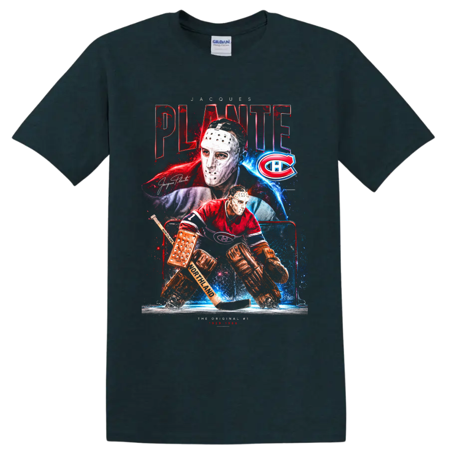 Jacques Plante Montreal Canadiens masked goalie in retro red and blue hockey collage on a Midnight (Green) T Shirt
