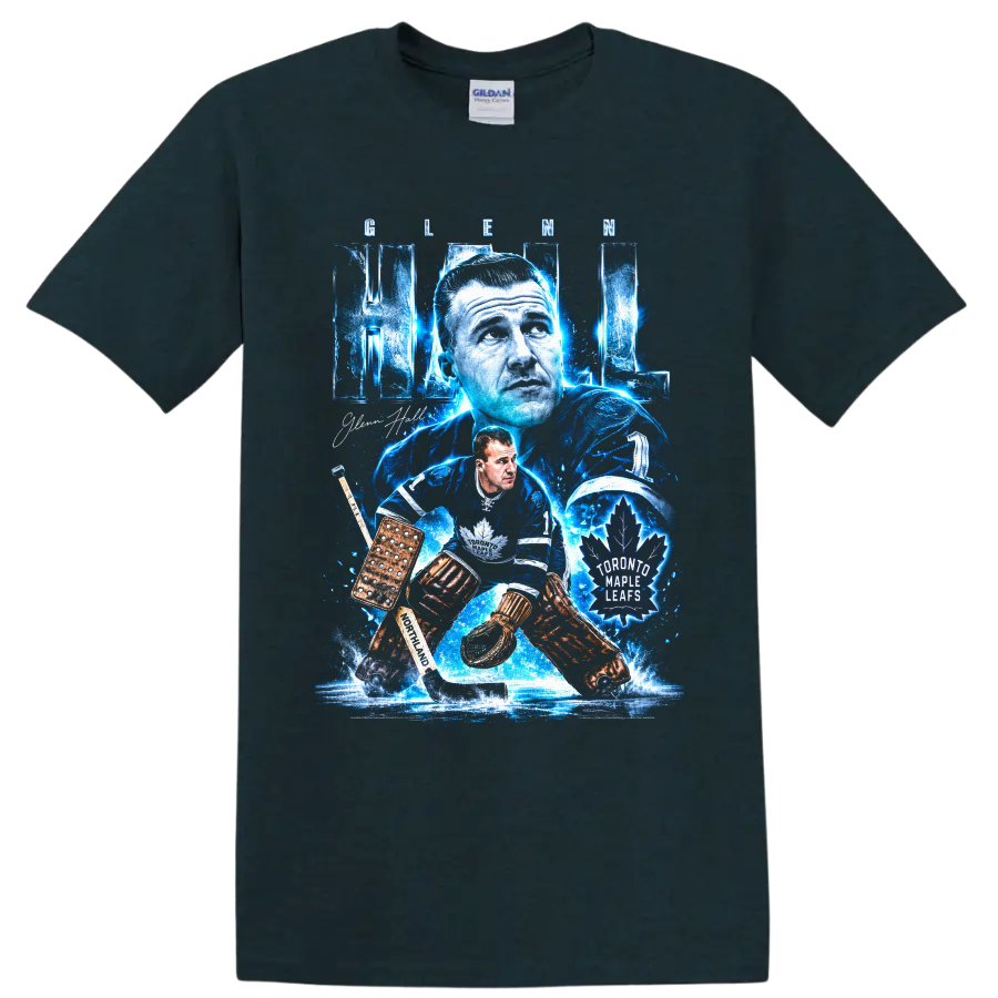 Glenn Hall Toronto Maple Leafs goalie graphic with icy blue vintage hockey artwork on a Midnight (Green) T Shirt