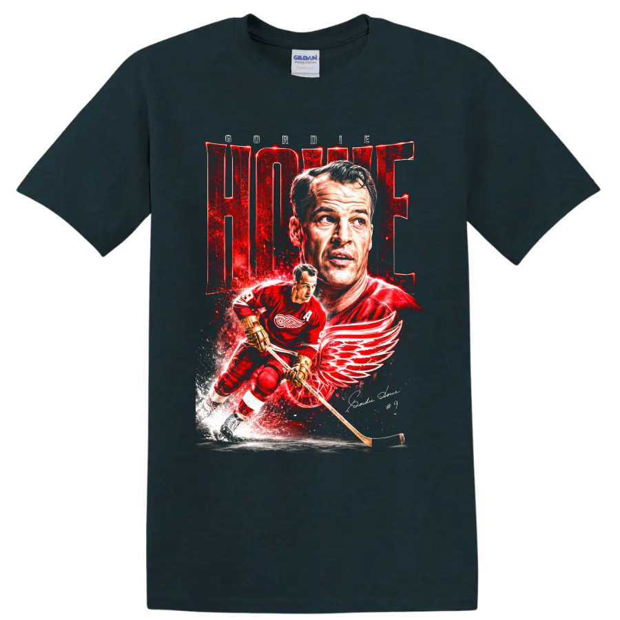 Gordie Howe Detroit Red Wings portrait and skating number 9 hockey graphic on a Midnight (Green) T Shirt