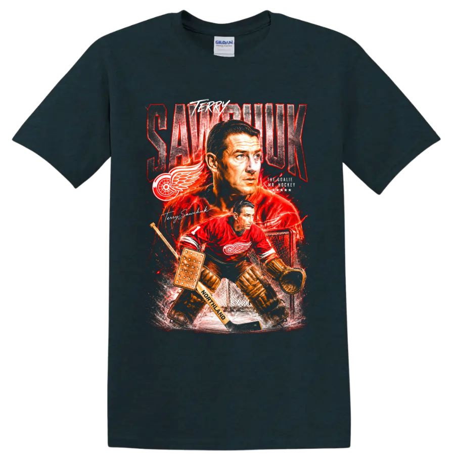 Terry Sawchuk Detroit Red Wings goalie portrait and vintage action graphic on a Midnight (Green) T Shirt