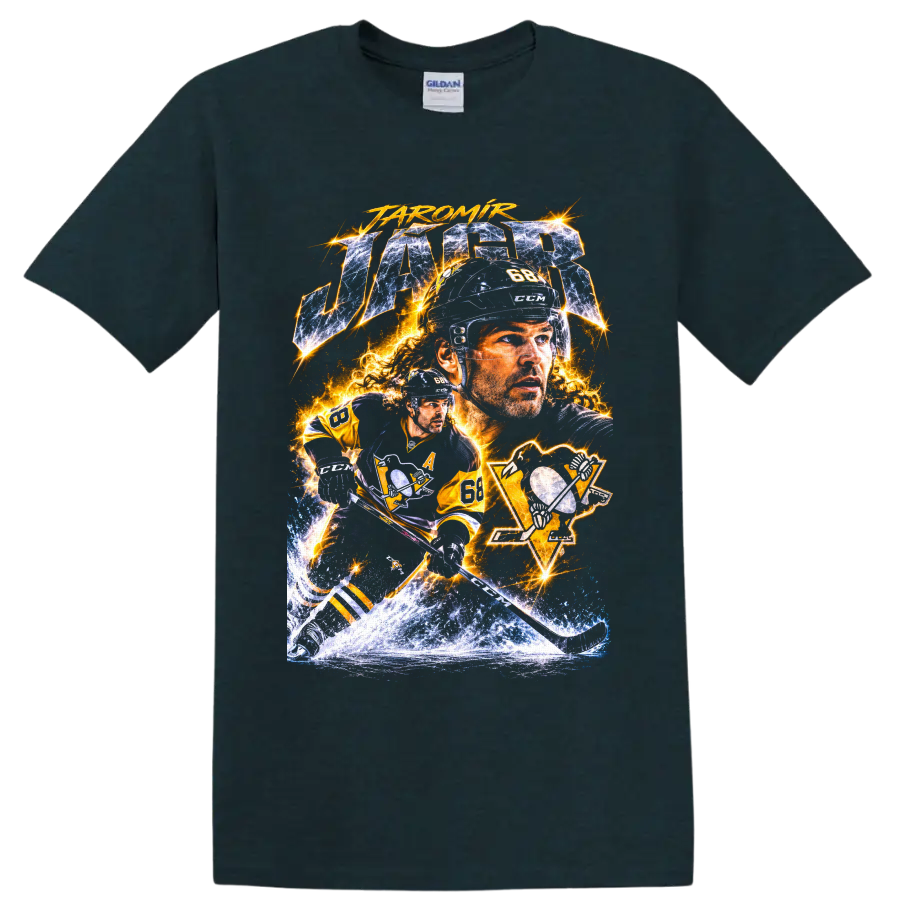 Jaromir Jagr number 68 Pittsburgh hockey electric collage graphic with icy action art on a Midnight (Green) T Shirt