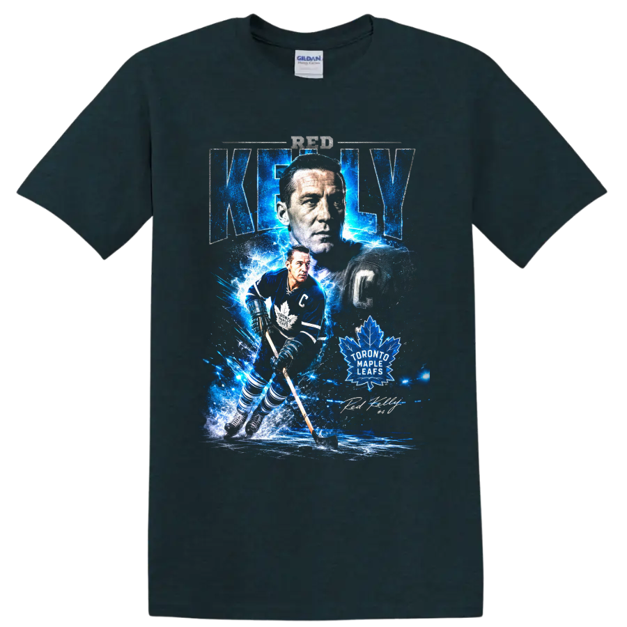 Red Kelly Toronto Maple Leafs captain hockey collage with electric blue ice effects on a Midnight (Green) T Shirt