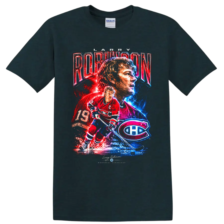 Larry Robinson Montreal Canadiens number 19 neon collage hockey graphic on a Midnight (Green) T Shirt