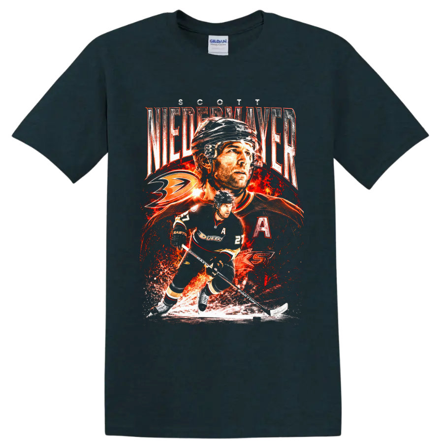 Scott Niedermayer Ducks No. 27 hockey collage with fiery distressed graphics on a Midnight (Green) T Shirt
