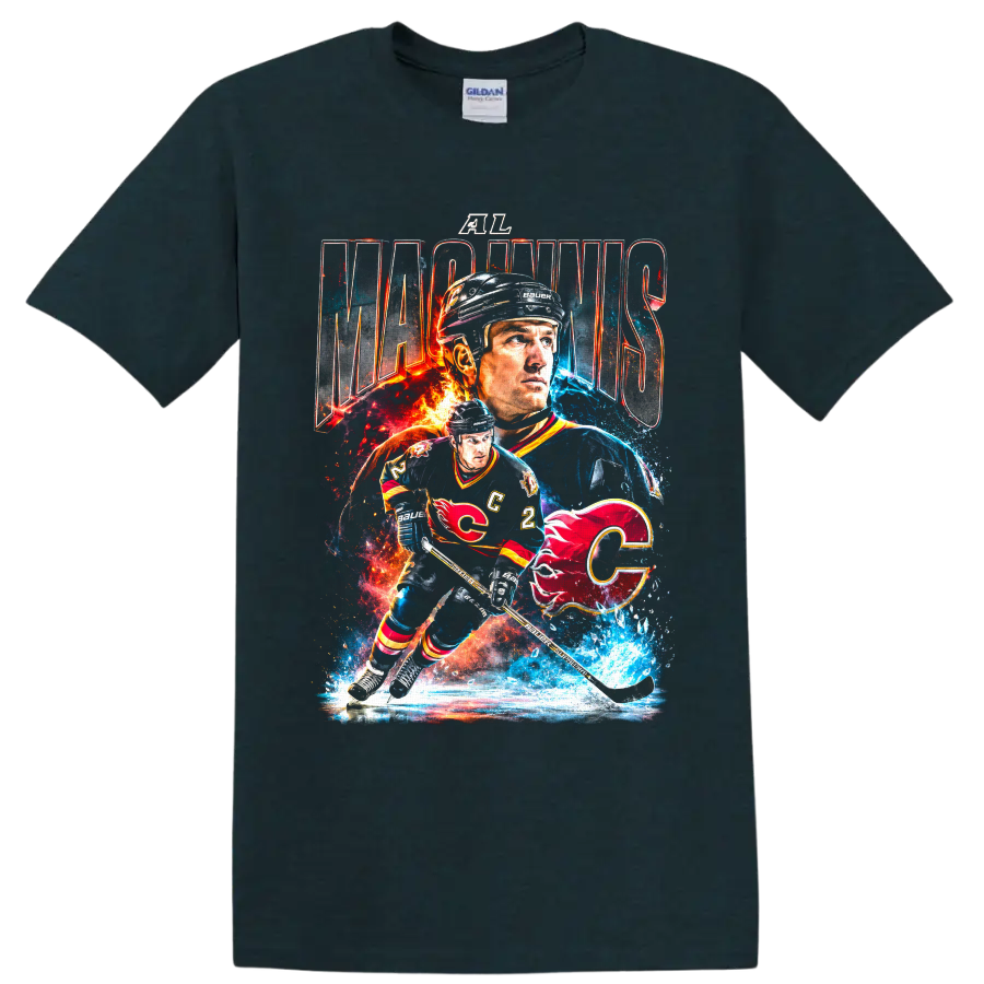 Al MacInnis Calgary Flames hockey collage graphic with fiery ice effects on a Midnight (Green) T Shirt