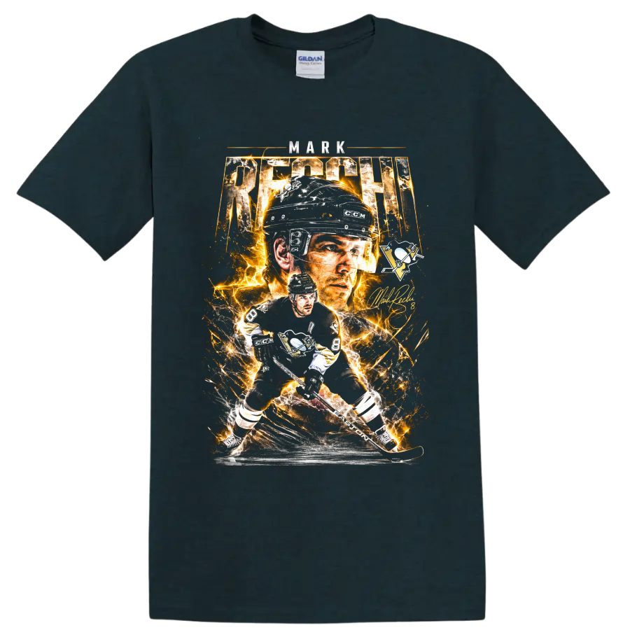 Mark Recchi Pittsburgh Penguins No. 8 electric hockey portrait and action graphic on a Midnight (Green) T Shirt