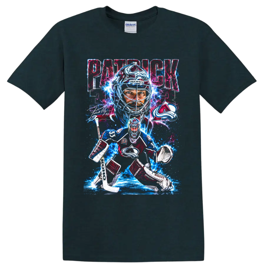 Patrick Roy Colorado Avalanche goalie graphic with number 33, signature, and electric ice on a Midnight (Green) T Shirt
