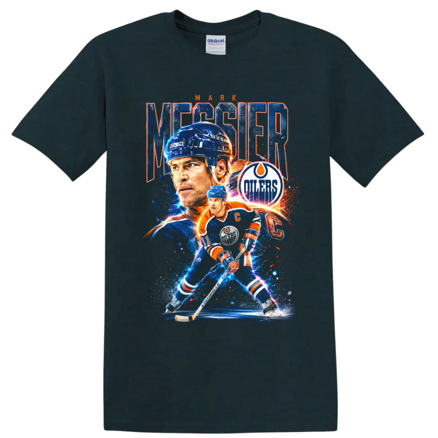 Mark Messier Edmonton Oilers hockey portrait and action graphic with distressed lettering on a Midnight (Green) T Shirt
