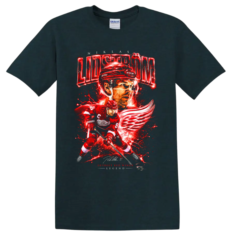 Nicklas Lidström Detroit Red Wings hockey action graphic with winged-wheel artwork on a Midnight (Green) T Shirt