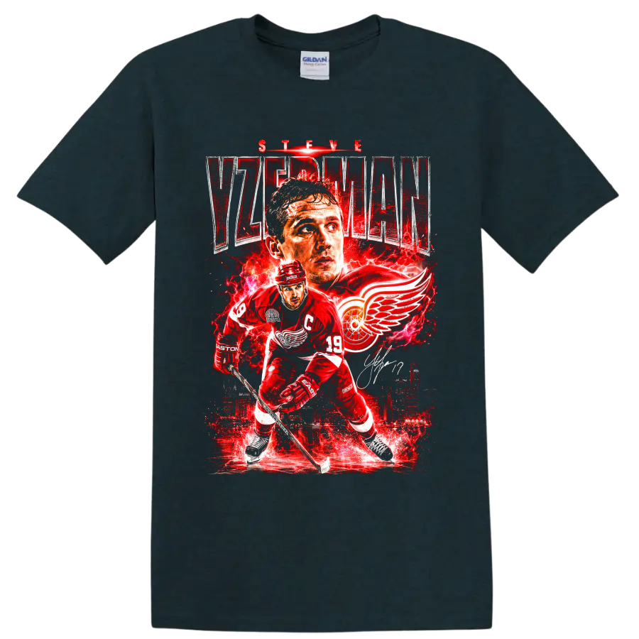 Steve Yzerman Detroit Red Wings hockey collage with captain portrait and winged wheel on a Midnight (Green) T Shirt