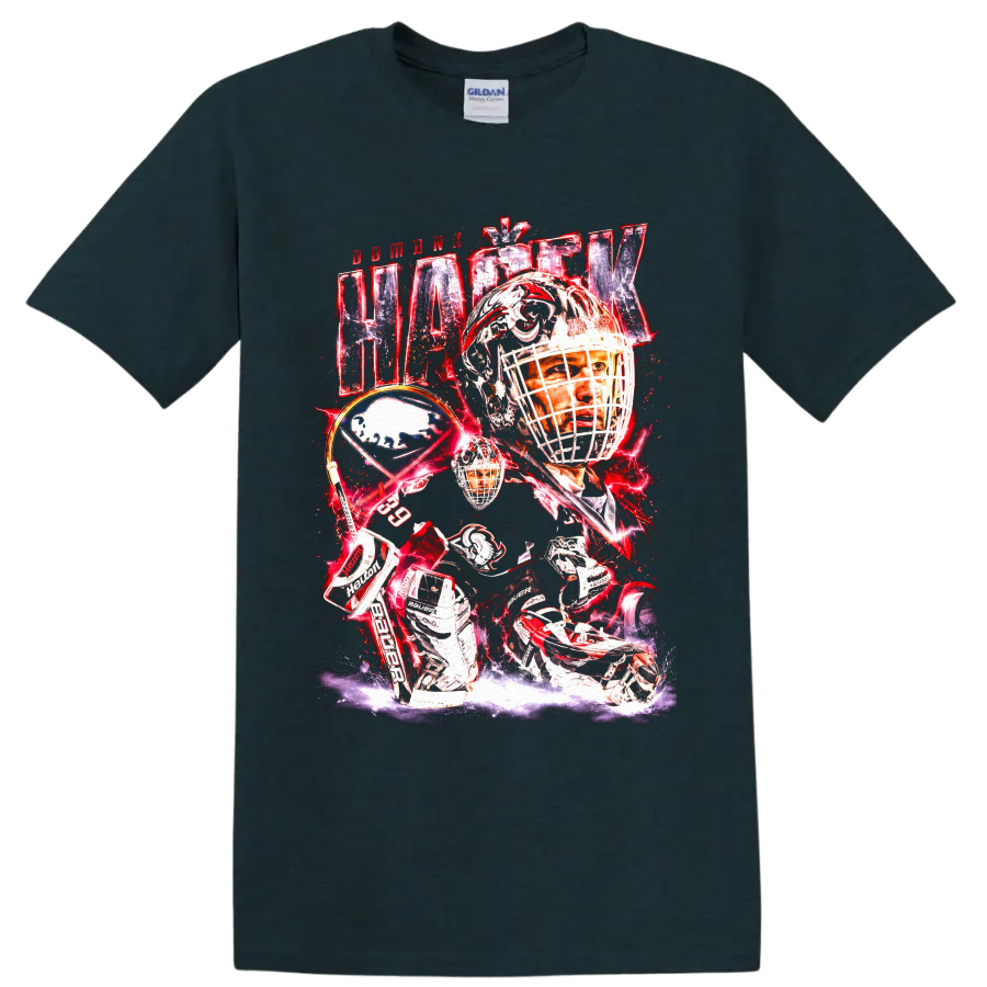 Dominik Hasek Buffalo Sabres goaltender collage with bold red lightning on a Midnight (Green) T Shirt